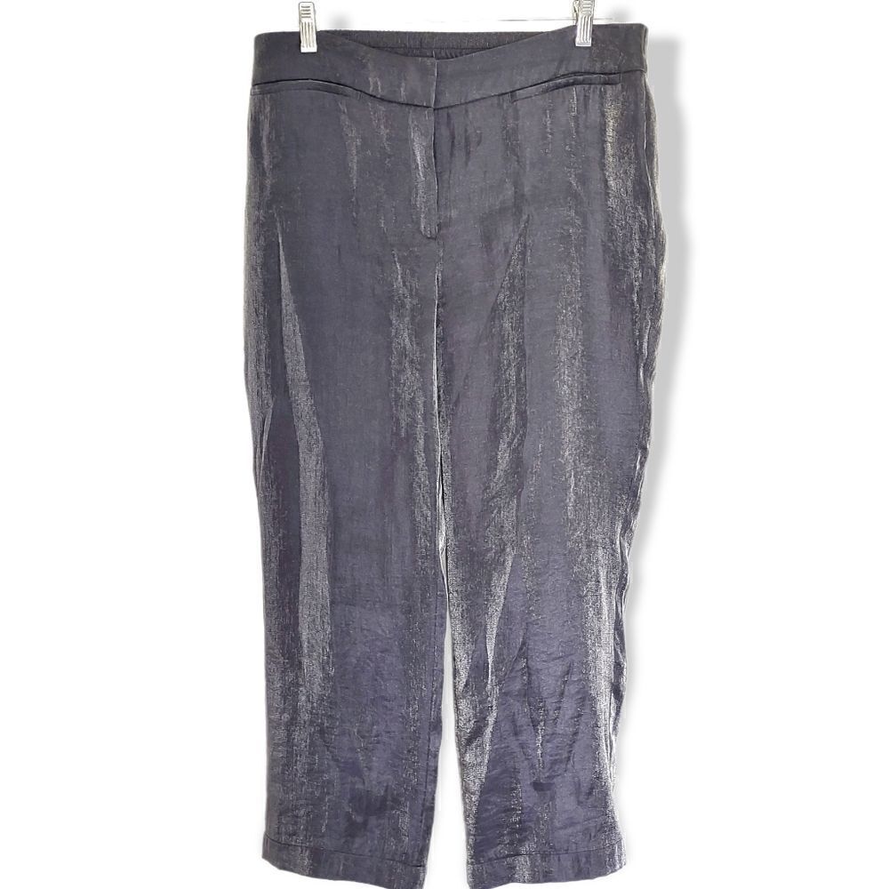 Chicos Gray Silver Pant Sz 10 Dressy Party Straight Legs Silky Elastic Holiday
